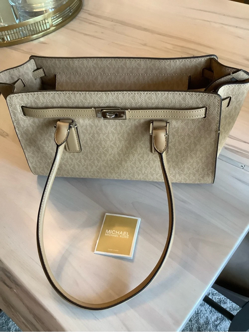 MICHAEL Michael Kors Beige Signature Satchel with Silver Hardware